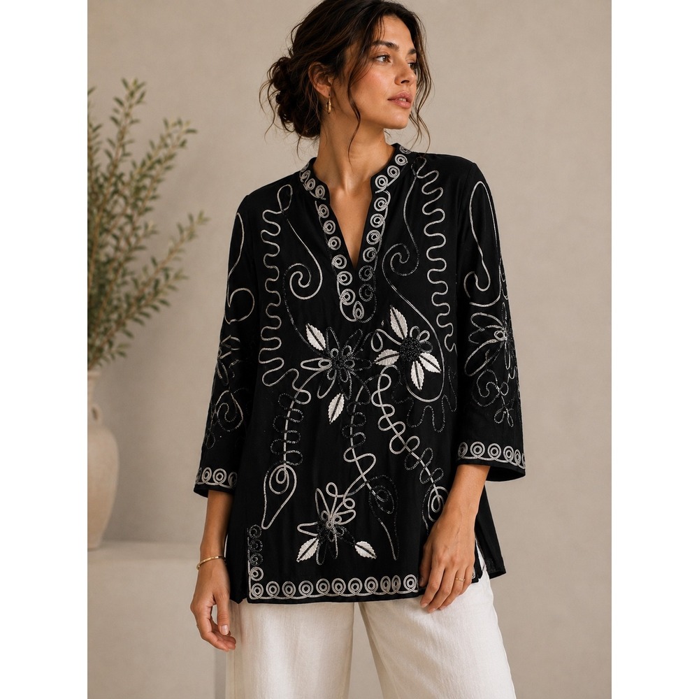 Lauren Michelle L Black Embroidered Boho Goth Statement Tunic Top